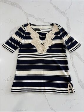 J. Crew Navy Blue & White Striped Embellished V-Neck Top Size XS